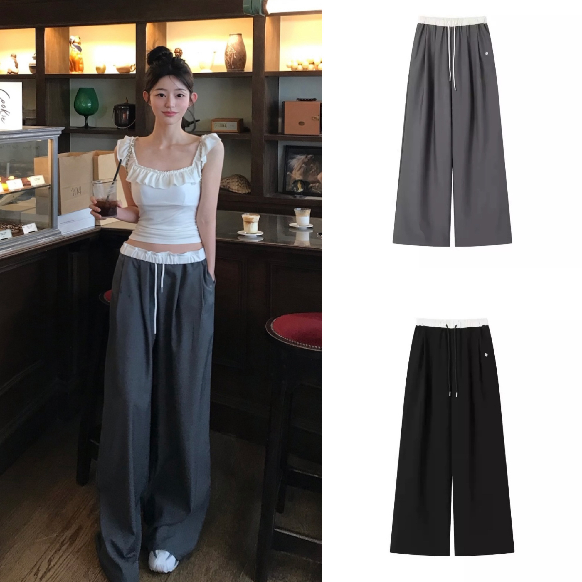 25 Summer Color-Block Ruffled Tie Casual Long Pants - Korean Style Straight Leg Design