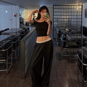 25 Summer Color-Block Ruffled Tie Casual Long Pants - Korean Style Straight Leg Design