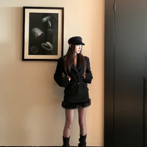 60% Merino Wool Suit Jacket and A-Line Skirt Set for Women - Chic Woolen Ensemble for Fall and Winter Fashion