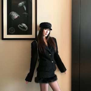 60% Merino Wool Suit Jacket and A-Line Skirt Set for Women - Chic Woolen Ensemble for Fall and Winter Fashion