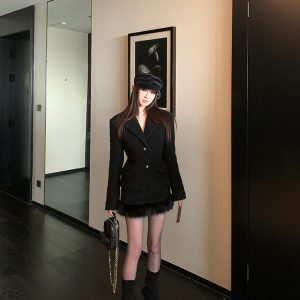 60% Merino Wool Suit Jacket and A-Line Skirt Set for Women - Chic Woolen Ensemble for Fall and Winter Fashion