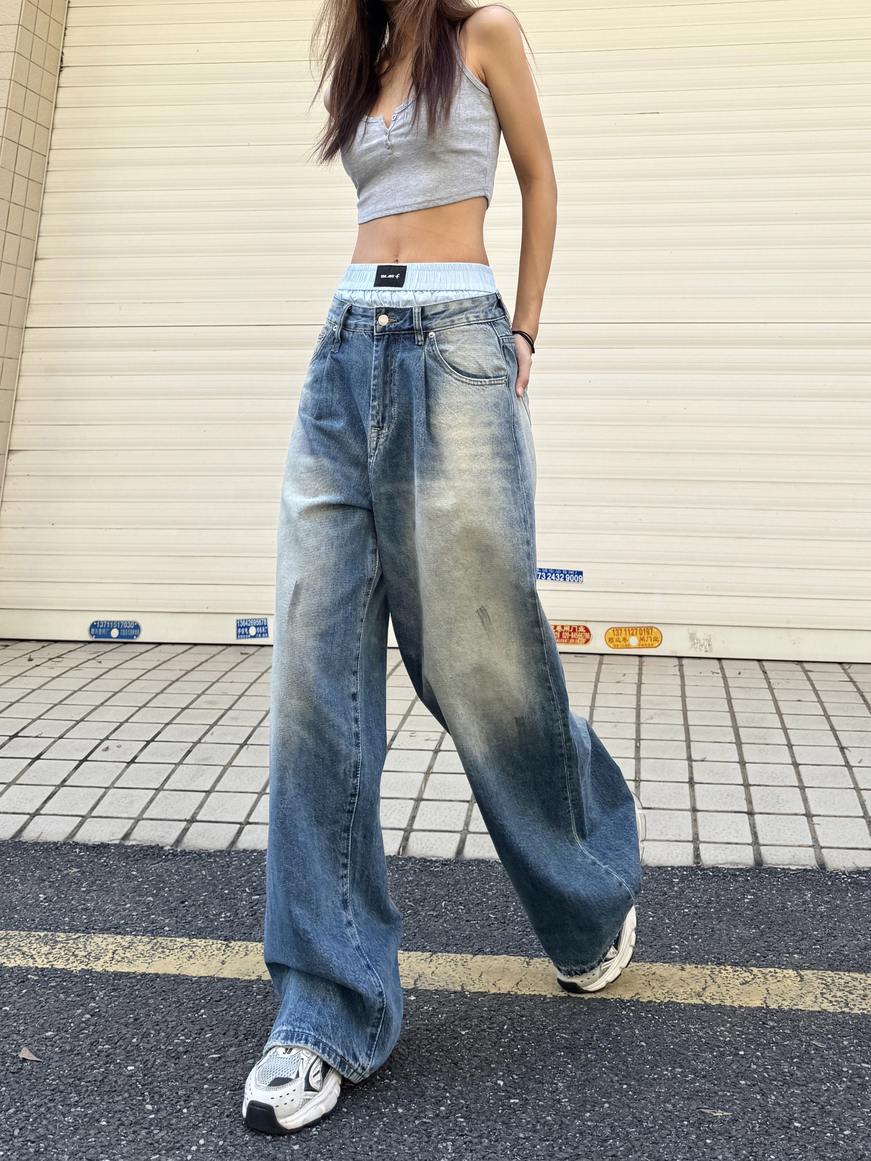 90s Inspired Loose Fit Tie-Dye Wide-Leg Jeans for Women - Retro Hip-Hop Street Style, Slimming Design, Casual Blue Wash