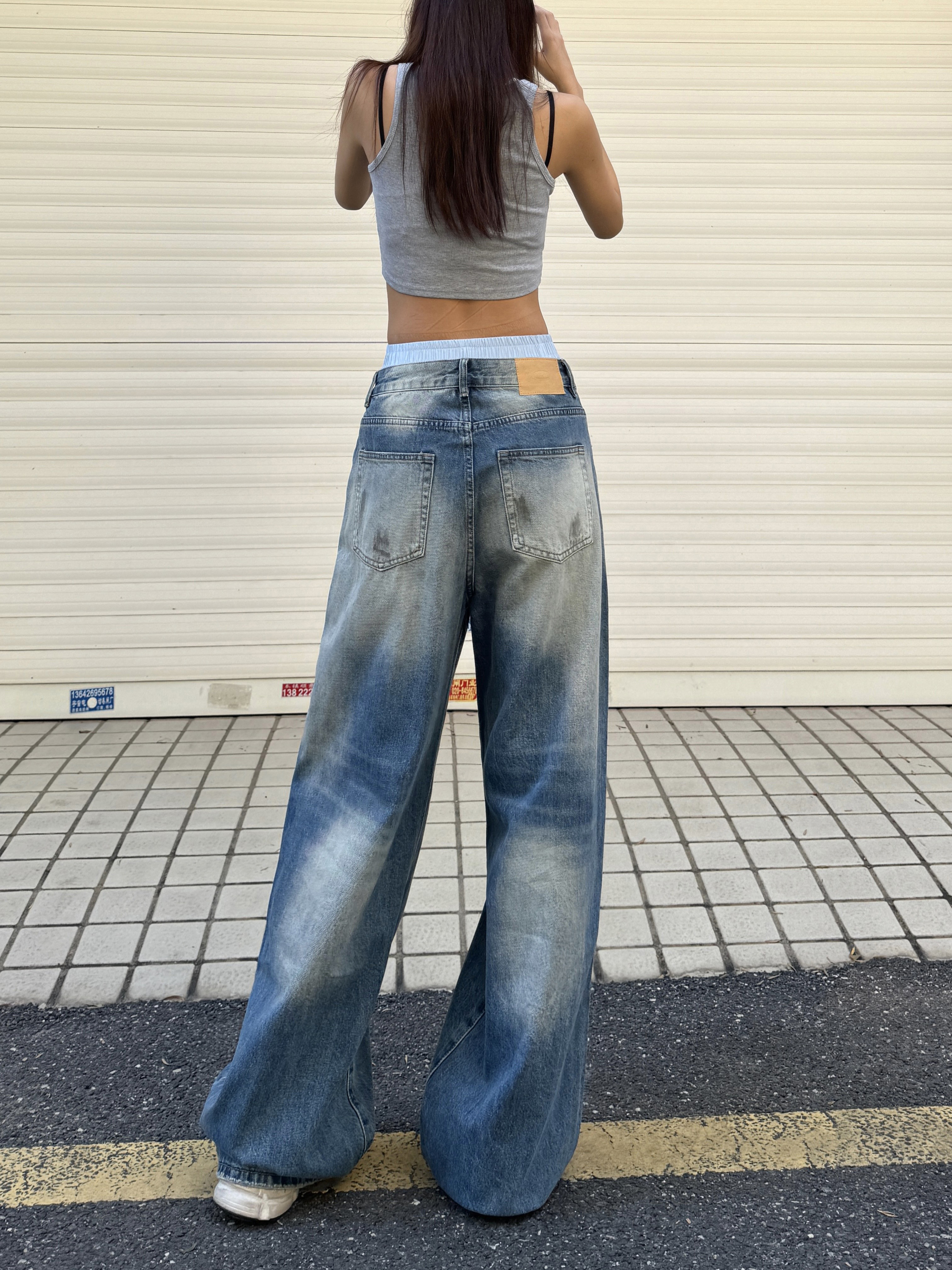 90s Inspired Loose Fit Tie-Dye Wide-Leg Jeans for Women - Retro Hip-Hop Street Style, Slimming Design, Casual Blue Wash