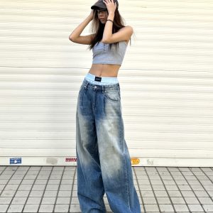 90s Inspired Loose Fit Tie-Dye Wide-Leg Jeans for Women - Retro Hip-Hop Street Style, Slimming Design, Casual Blue Wash