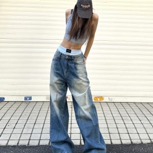 90s Inspired Loose Fit Tie-Dye Wide-Leg Jeans for Women - Retro Hip-Hop Street Style, Slimming Design, Casual Blue Wash