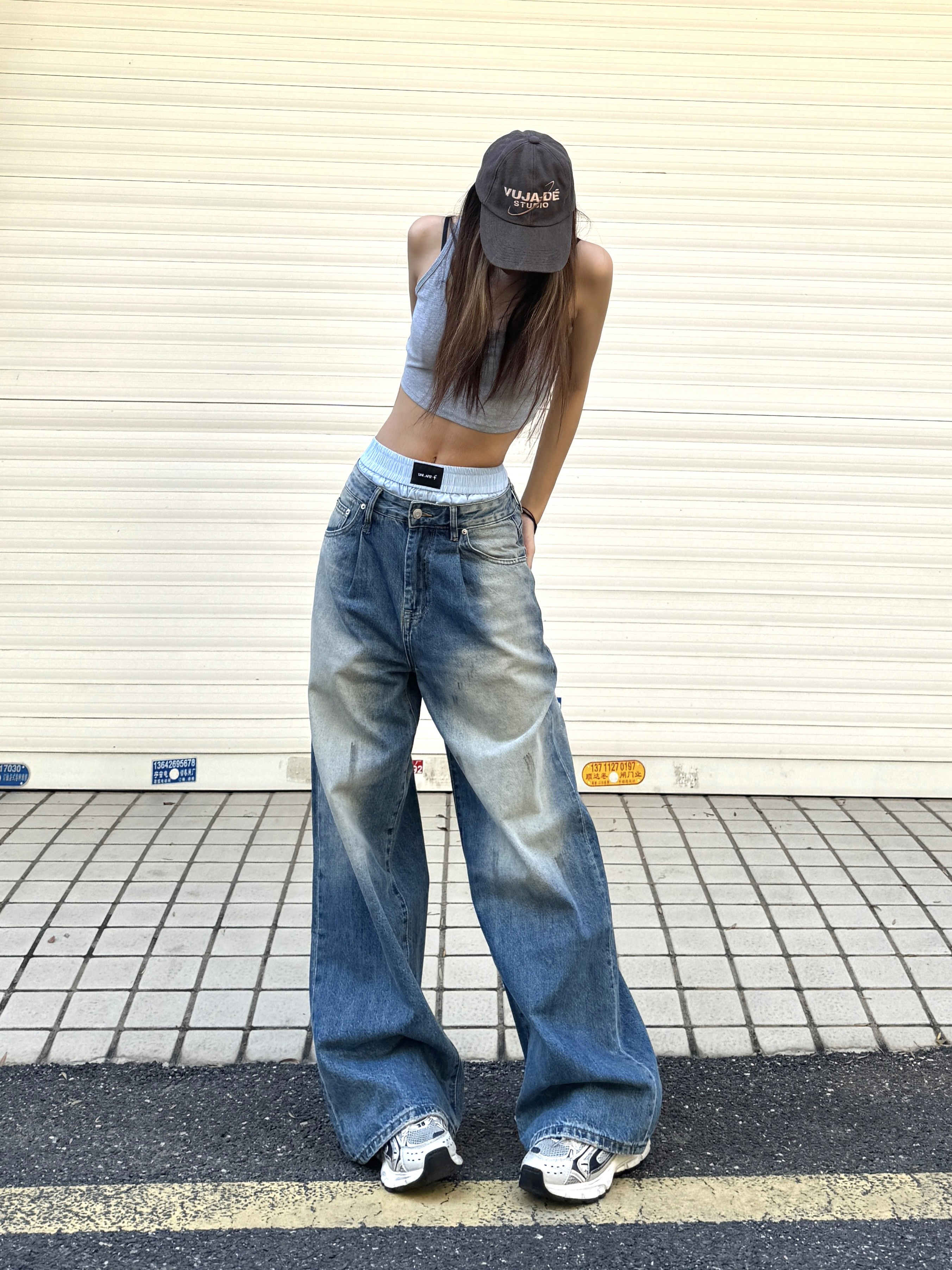 90s Inspired Loose Fit Tie-Dye Wide-Leg Jeans for Women - Retro Hip-Hop Street Style, Slimming Design, Casual Blue Wash