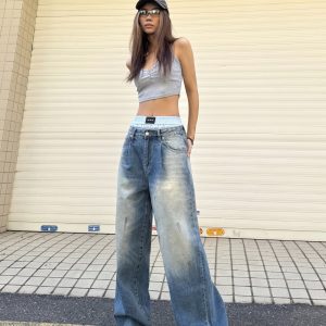 90s Inspired Loose Fit Tie-Dye Wide-Leg Jeans for Women - Retro Hip-Hop Street Style, Slimming Design, Casual Blue Wash