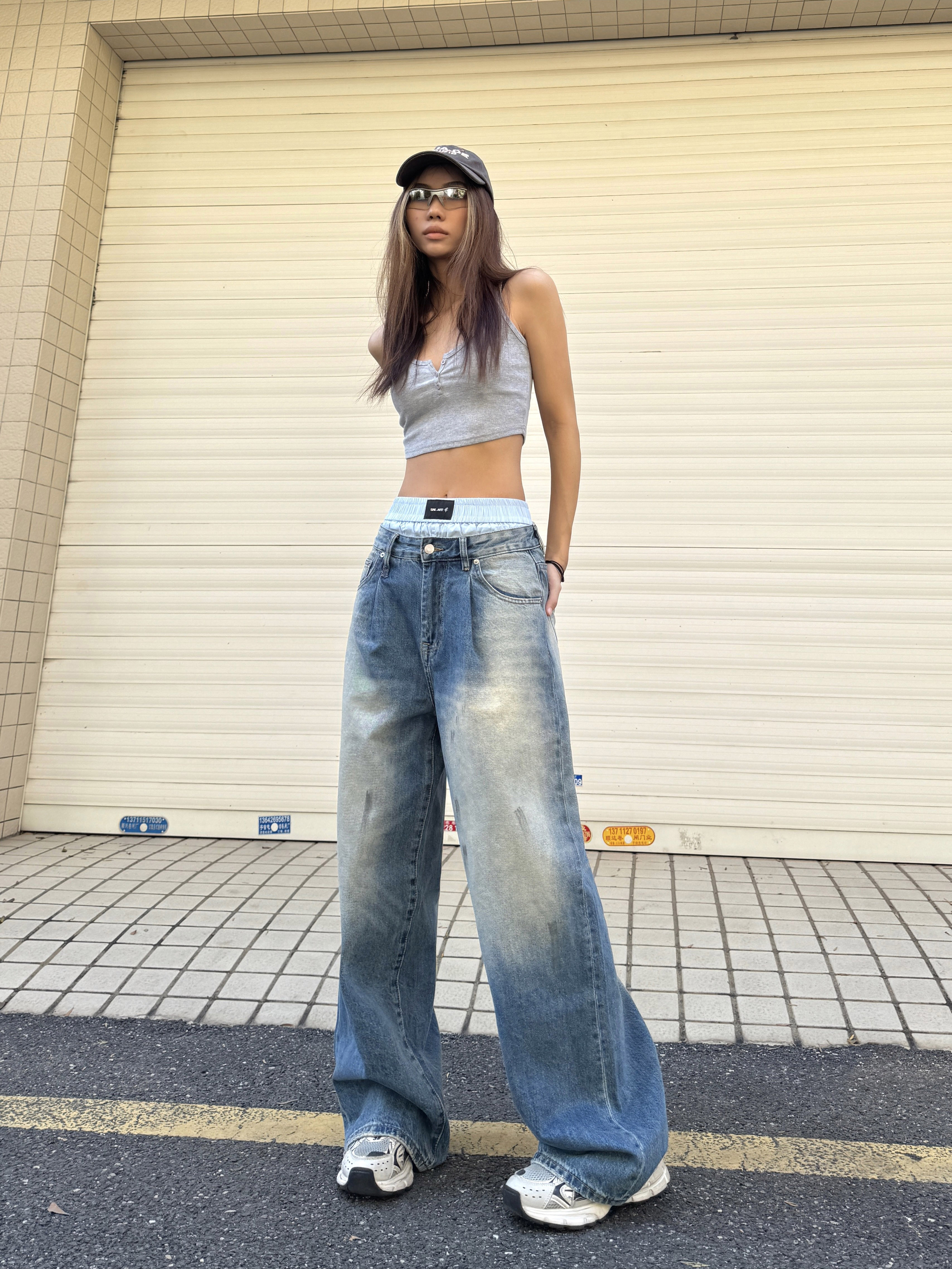 90s Inspired Loose Fit Tie-Dye Wide-Leg Jeans for Women - Retro Hip-Hop Street Style, Slimming Design, Casual Blue Wash