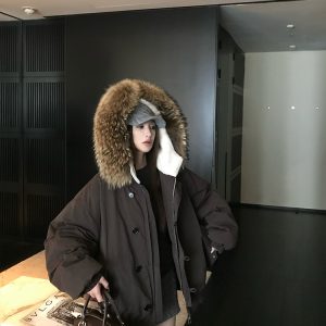 90s Inspired Women's White Duck Down Jacket with Large Raccoon Fur Collar - Thick Warm Winter Coat