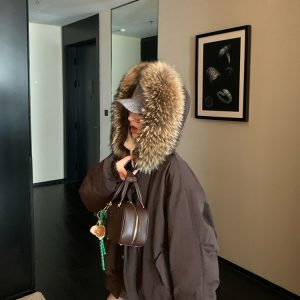 90s Inspired Women's White Duck Down Jacket with Large Raccoon Fur Collar - Thick Warm Winter Coat