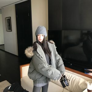 90s Inspired Women's White Duck Down Jacket with Large Raccoon Fur Collar - Thick Warm Winter Coat