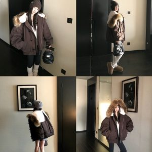 90s Inspired Women's White Duck Down Jacket with Large Raccoon Fur Collar - Thick Warm Winter Coat