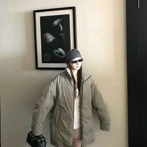 90s Style White Duck Down Mid-Length Loose Stand Collar Jacket for Weekend Wear