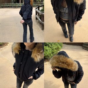 90s Vintage Two-Color Fur Collar Fitted Cotton Coat for Women - Retro Movie Style Outerwear