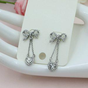 925 Silver Bowknot Stud Earrings with Heart Design, Hypoallergenic Full Diamond Hollowed-Out Jewelry for Women