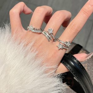 Adjustable Diamond-Studded Five-Pointed Star Ring for Women - Korean Style, Light Luxury, Trendy & Cool Niche Design