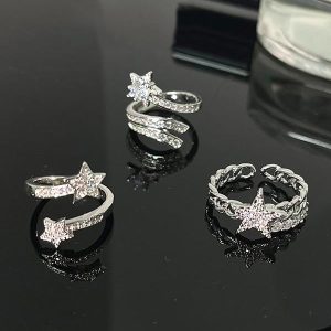 Adjustable Diamond-Studded Five-Pointed Star Ring for Women - Korean Style, Light Luxury, Trendy & Cool Niche Design