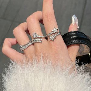 Adjustable Diamond-Studded Five-Pointed Star Ring for Women - Korean Style, Light Luxury, Trendy & Cool Niche Design