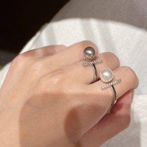 Adjustable Open Zircon Pearl Ring for Women - Niche One-Word Design, Elegant Fashion Jewelry Accessory