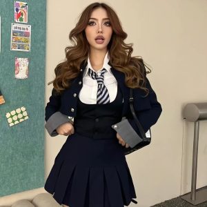 American College Style Spicy Girl Four-Piece Outfit Set: Short Suit Jacket, Vest, Shirt & Pleated Skirt JK Uniform for Women