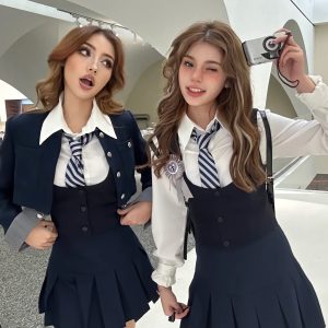 American College Style Spicy Girl Four-Piece Outfit Set: Short Suit Jacket, Vest, Shirt & Pleated Skirt JK Uniform for Women