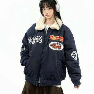 American Retro Design Quilted Thick Jacket with Lamb Fleece Collar for Women – Stylish Winter Coat for Couples