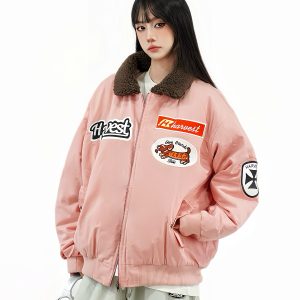 American Retro Design Quilted Thick Jacket with Lamb Fleece Collar for Women – Stylish Winter Coat for Couples
