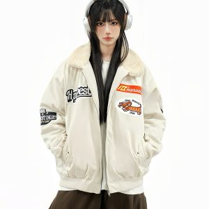 American Retro Design Quilted Thick Jacket with Lamb Fleece Collar for Women – Stylish Winter Coat for Couples