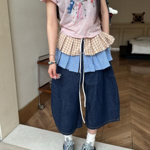 American Retro Detachable Plaid Culottes Color-Blocked Three-Quarter Wide-Leg Summer Denim Shorts