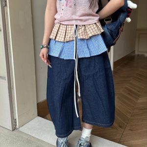 American Retro Detachable Plaid Culottes Color-Blocked Three-Quarter Wide-Leg Summer Denim Shorts