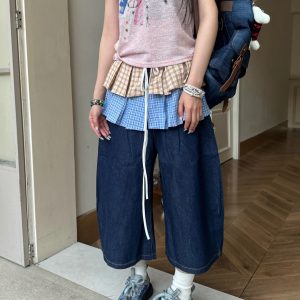 American Retro Detachable Plaid Culottes Color-Blocked Three-Quarter Wide-Leg Summer Denim Shorts