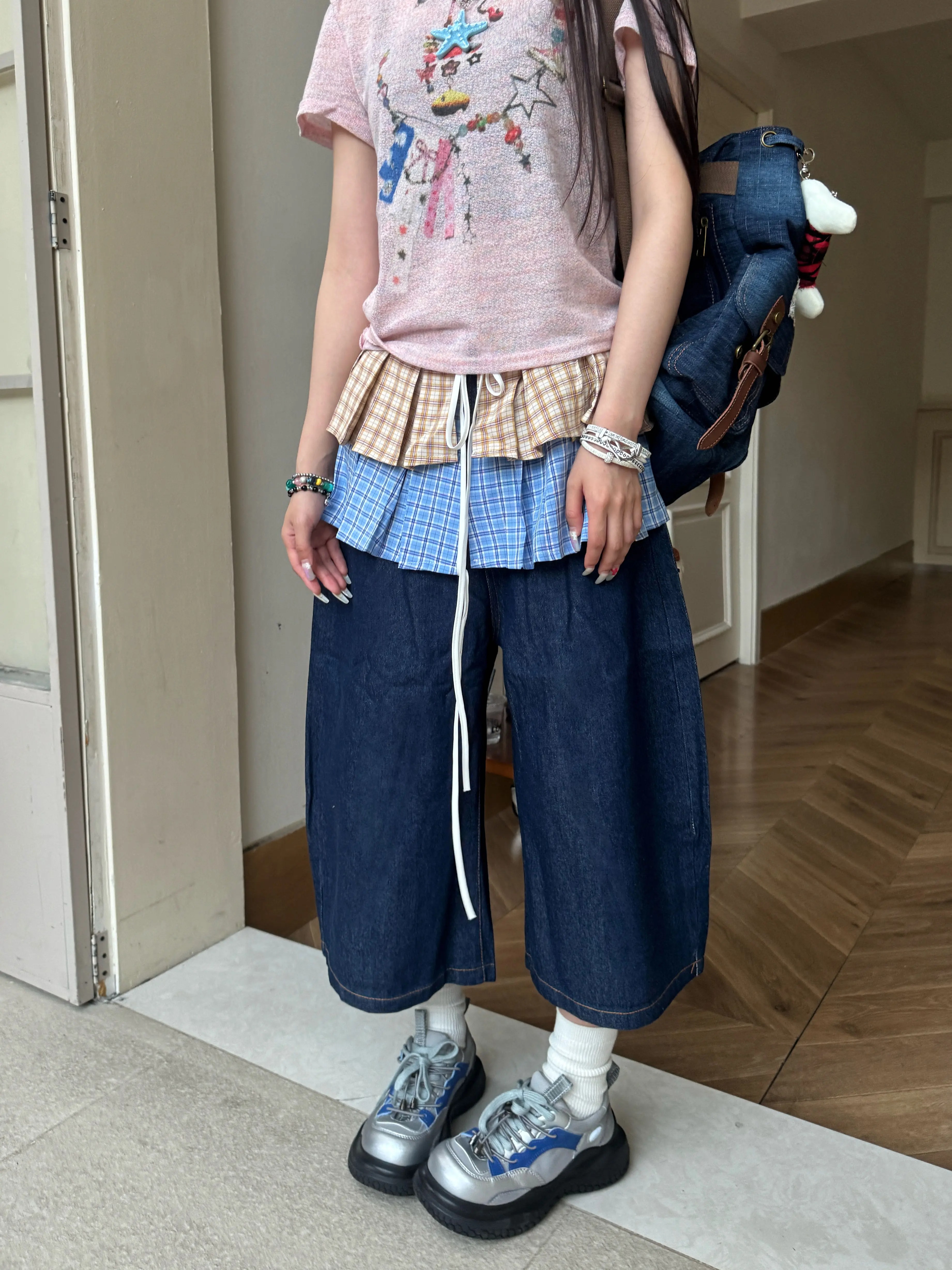 American Retro Detachable Plaid Culottes Color-Blocked Three-Quarter Wide-Leg Summer Denim Shorts