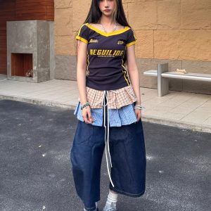 American Retro Detachable Plaid Culottes Color-Blocked Three-Quarter Wide-Leg Summer Denim Shorts