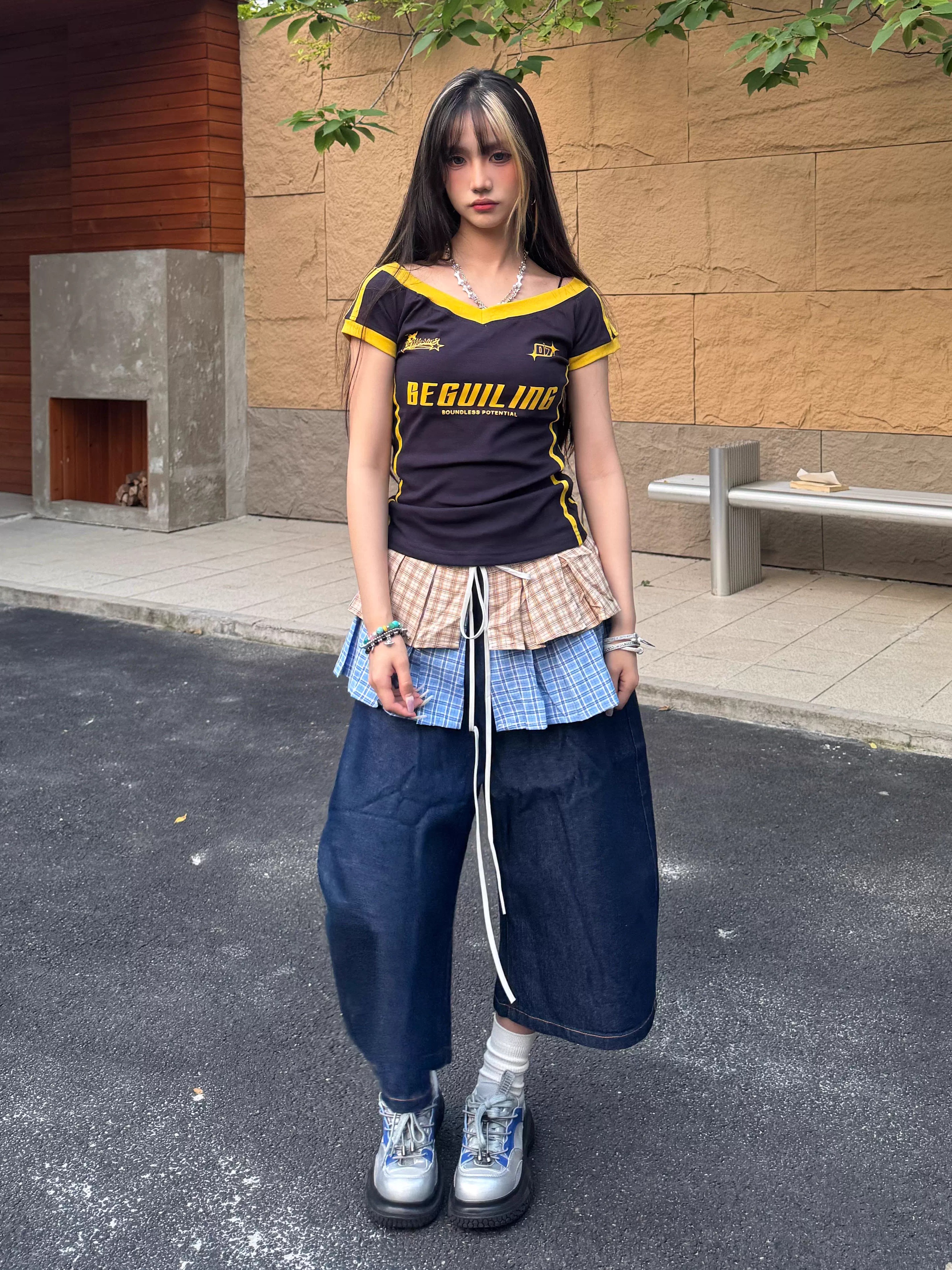 American Retro Detachable Plaid Culottes Color-Blocked Three-Quarter Wide-Leg Summer Denim Shorts