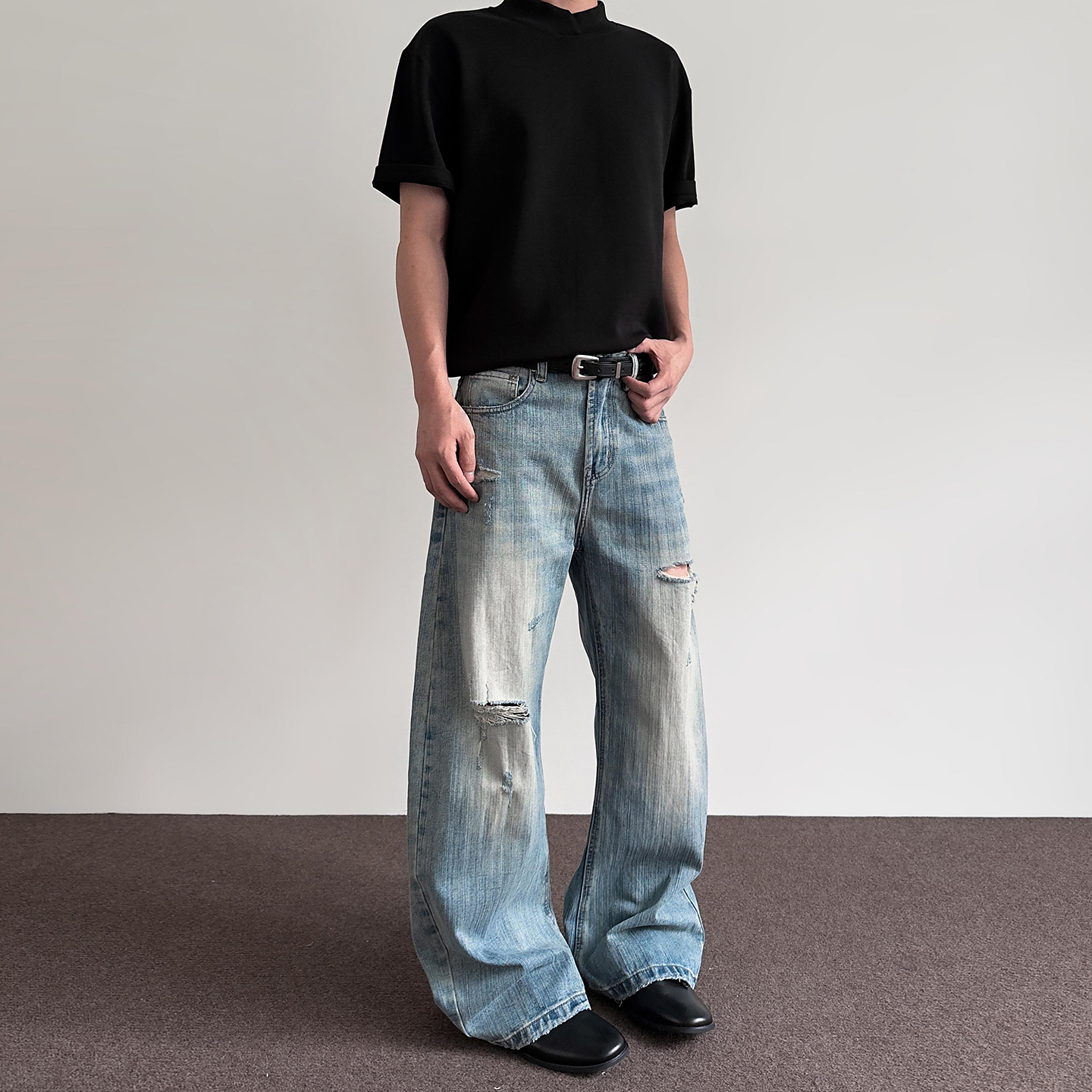 American Retro Distressed Bamboo Joint Pattern Curved Knife Jeans - Trendy Clean Fit Straight Leg Flared Pants for Y2K Style