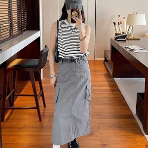 American Retro H-Shaped Pocket Work Skirt - Versatile Mid-Length Skirt for Summer 2023 - Y2K Style