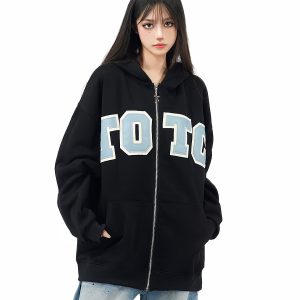 American Retro Patch Leather Embroidered Hoodie Zip-Up Cardigan Jacket - Trendy Autumn Fashion for a Y2K Inspired Look