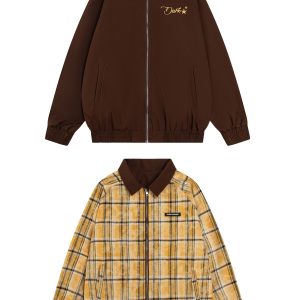 American Retro Plaid Reversible Lapel Jacket for Couples - Contrasting Colors, Fall Fashion, Vintage Style Outerwear