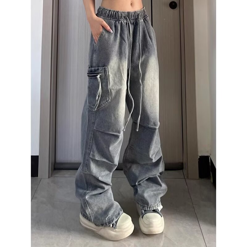 American Retro Pleated Straight-Leg High Street Jeans with Large Pockets for Men and Women - Loose Casual Long Pants for Spring/Summer