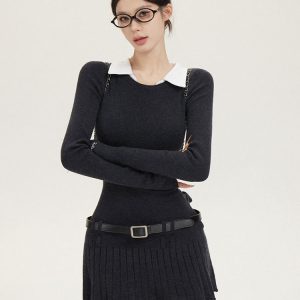 American Retro Two-Piece Shirt Collar Dress with Pleated Skirt - Slim Fit College Style Fashion