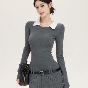 American Retro Two-Piece Shirt Collar Dress with Pleated Skirt - Slim Fit College Style Fashion