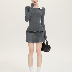 American Retro Two-Piece Shirt Collar Dress with Pleated Skirt - Slim Fit College Style Fashion