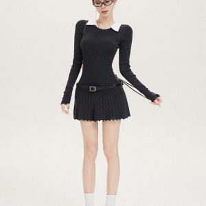 American Retro Two-Piece Shirt Collar Dress with Pleated Skirt - Slim Fit College Style Fashion