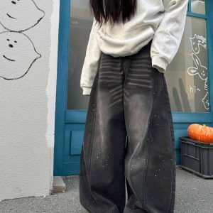 American Retro Wide-Leg Curved Blade Jeans for Women - Casual Loose-Fit, Washed Splatter Design, Versatile Street Style
