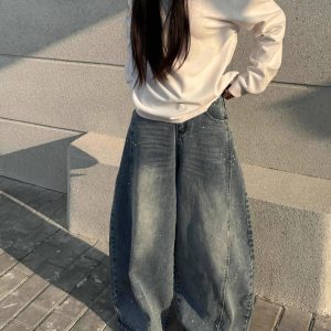 American Retro Wide-Leg Curved Blade Jeans for Women - Casual Loose-Fit, Washed Splatter Design, Versatile Street Style