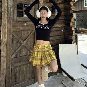 American Retro Yellow Plaid Pleated Skirt with Pockets - Slimming College Style Short Skirt for Y2K Fashion Enthusiasts