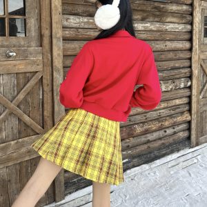 American Retro Yellow Plaid Pleated Skirt with Pockets - Slimming College Style Short Skirt for Y2K Fashion Enthusiasts