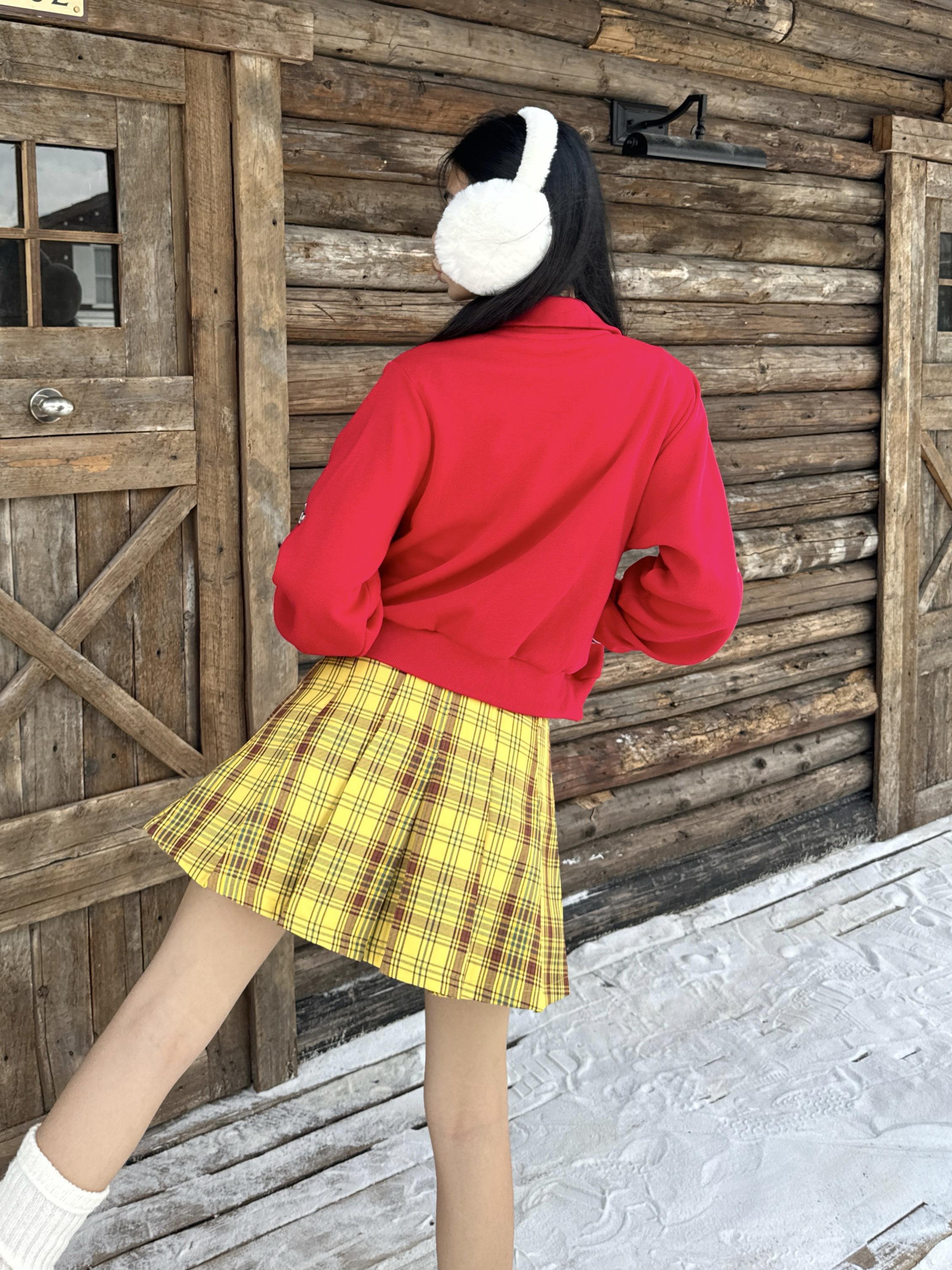 American Retro Yellow Plaid Pleated Skirt with Pockets - Slimming College Style Short Skirt for Y2K Fashion Enthusiasts