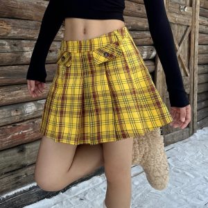 American Retro Yellow Plaid Pleated Skirt with Pockets - Slimming College Style Short Skirt for Y2K Fashion Enthusiasts