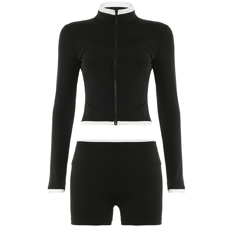 American Street Style Fitness Set - Zip-Up Cardigan, Long Sleeve Top & Tank Shorts - Casual Sports Three-Piece Outfit